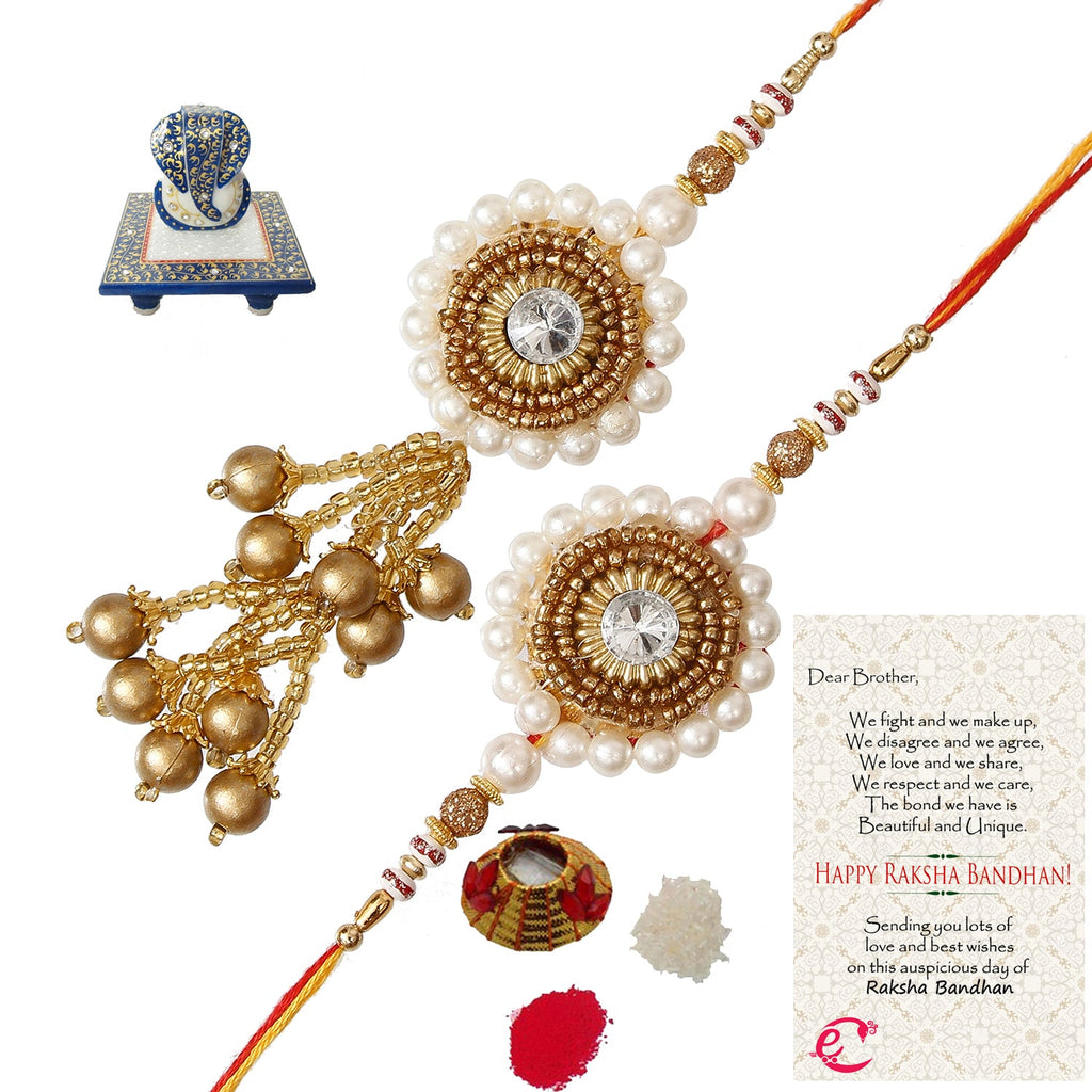 Designer Bhaiya Bhabhi Rakhi with Lord Ganesha Marble Chowki and Roli Tikka Matki, Best Wishes Greeting Card Kafalo