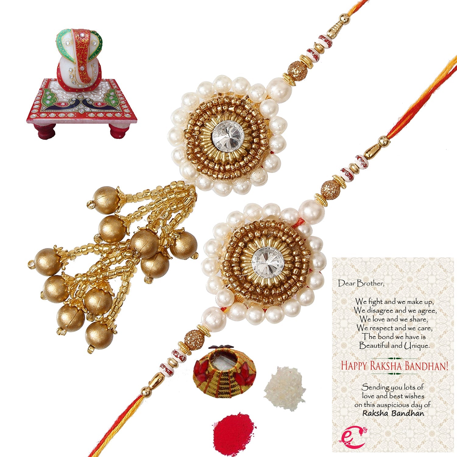 Designer Bhaiya Bhabhi Rakhi with Lord Ganesha Marble Chowki and Roli Tikka Matki, Best Wishes Greeting Card Kafalo
