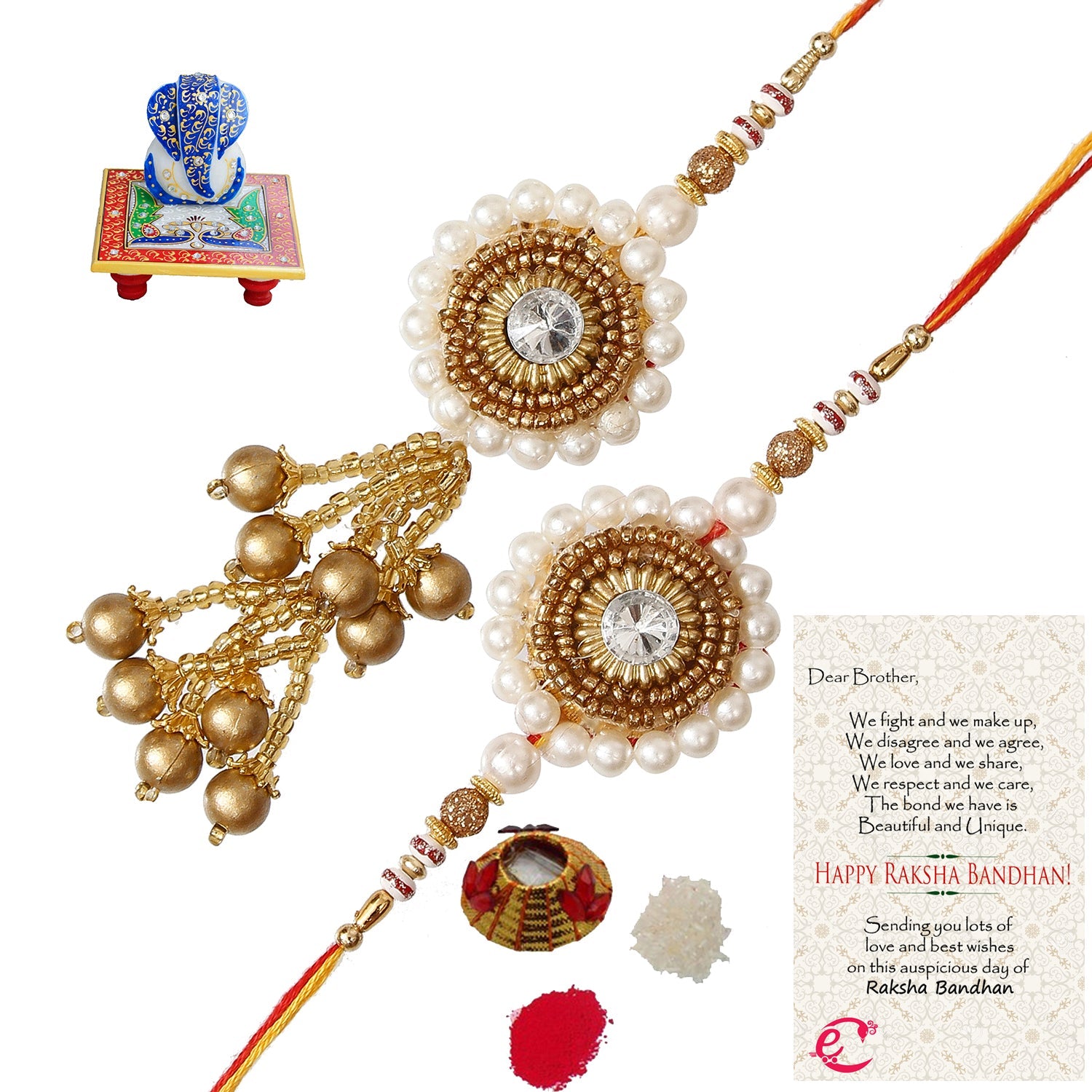 Designer Bhaiya Bhabhi Rakhi with Lord Ganesha on Marble Chowki and Roli Tikka Matki, Best Wishes Greeting Card Kafalo