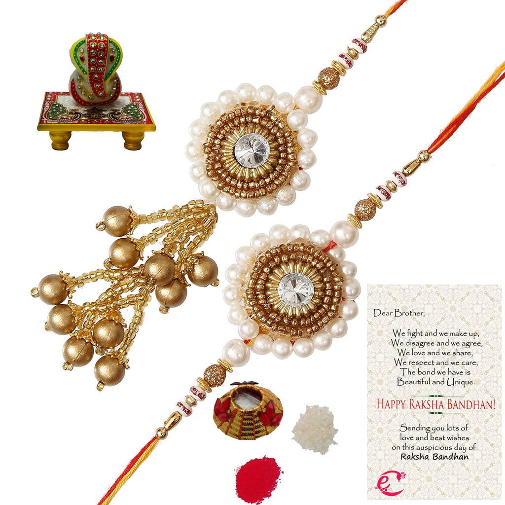 Designer Bhaiya Bhabhi Rakhi with Lord Ganesha on Marble Chowki and Roli Tikka Matki, Best Wishes Greeting Card Kafalo