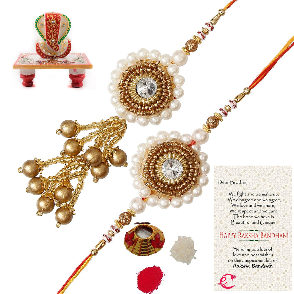 Designer Bhaiya Bhabhi Rakhi with Lord Ganesha Marble Chowki and Roli Tikka Matki, Best Wishes Greeting Card Kafalo