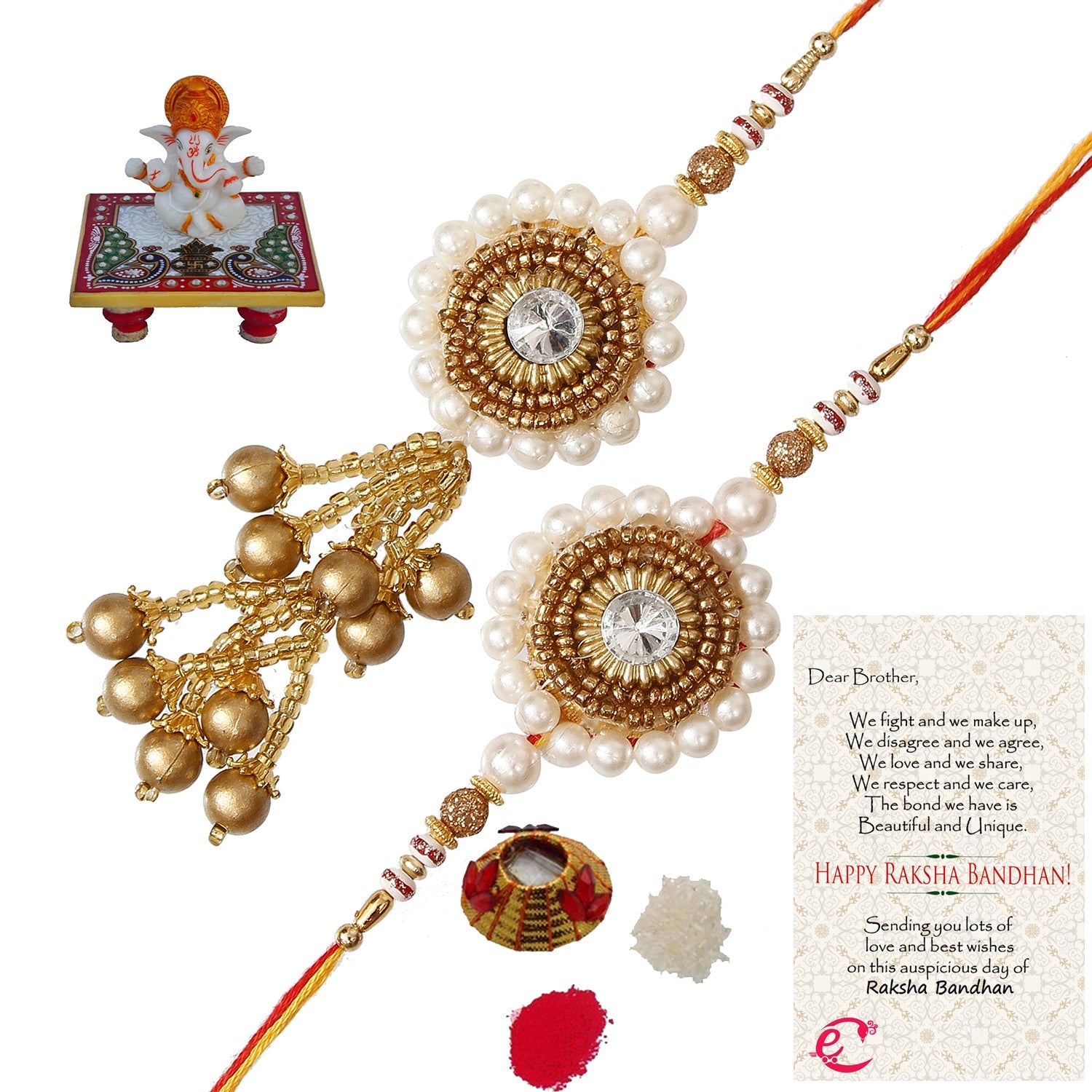 Designer Bhaiya Bhabhi Rakhi with Lord Ganesha Marble Chowki and Roli Tikka Matki, Best Wishes Greeting Card Kafalo
