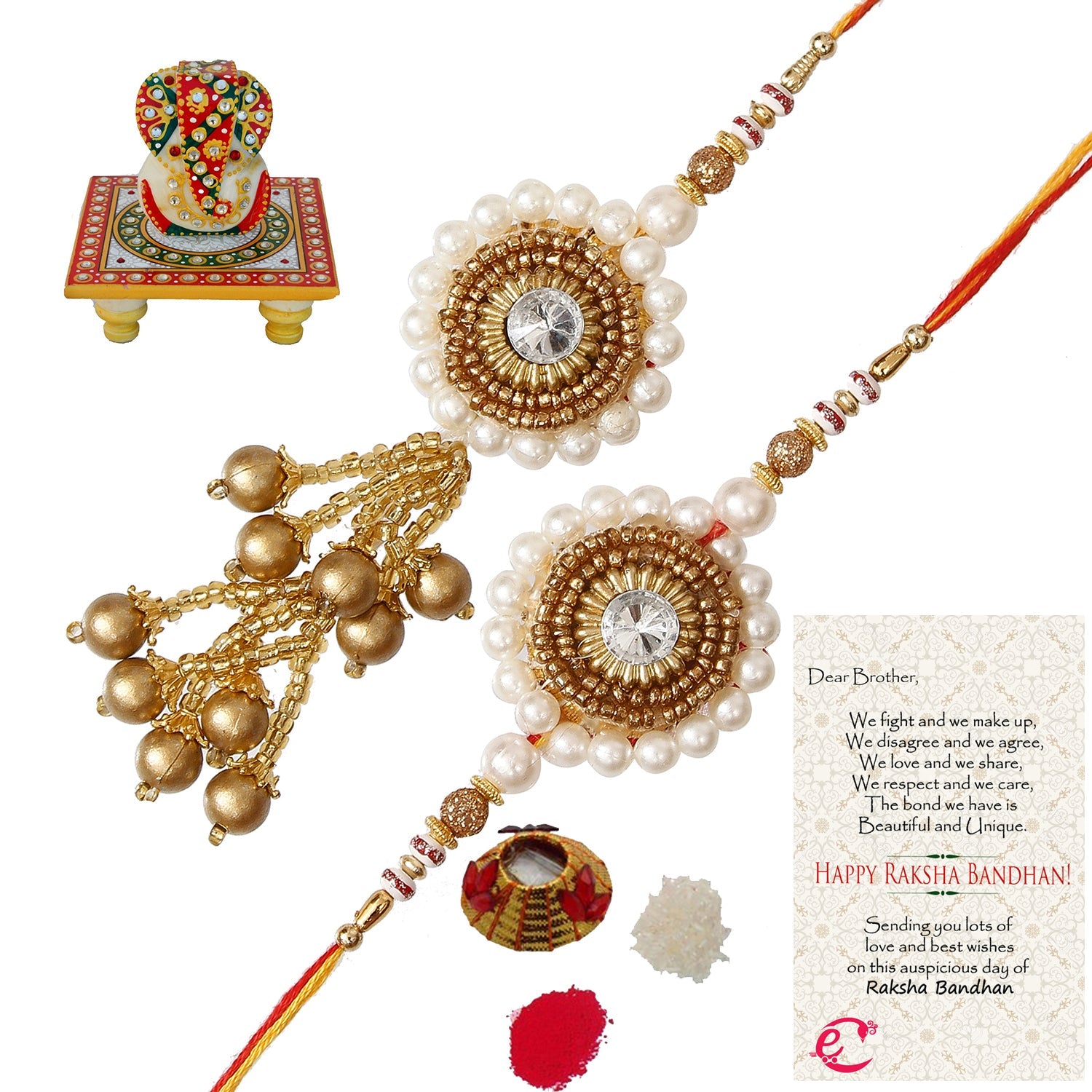 Designer Bhaiya Bhabhi Rakhi with Lord Ganesha on Kundan Studded Marble Chowki and Roli Tikka Matki, Best Wishes Greeting Card Kafalo