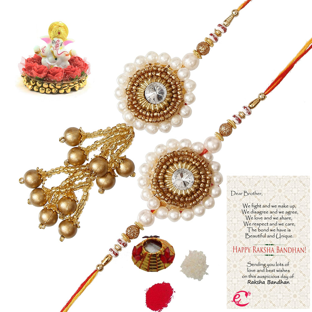 Designer Bhaiya Bhabhi Rakhi with Lord Ganesha Idol on Decorative Plate for Car & Home and Roli Tikka Matki, Best Wishes Greeting Card Kafalo