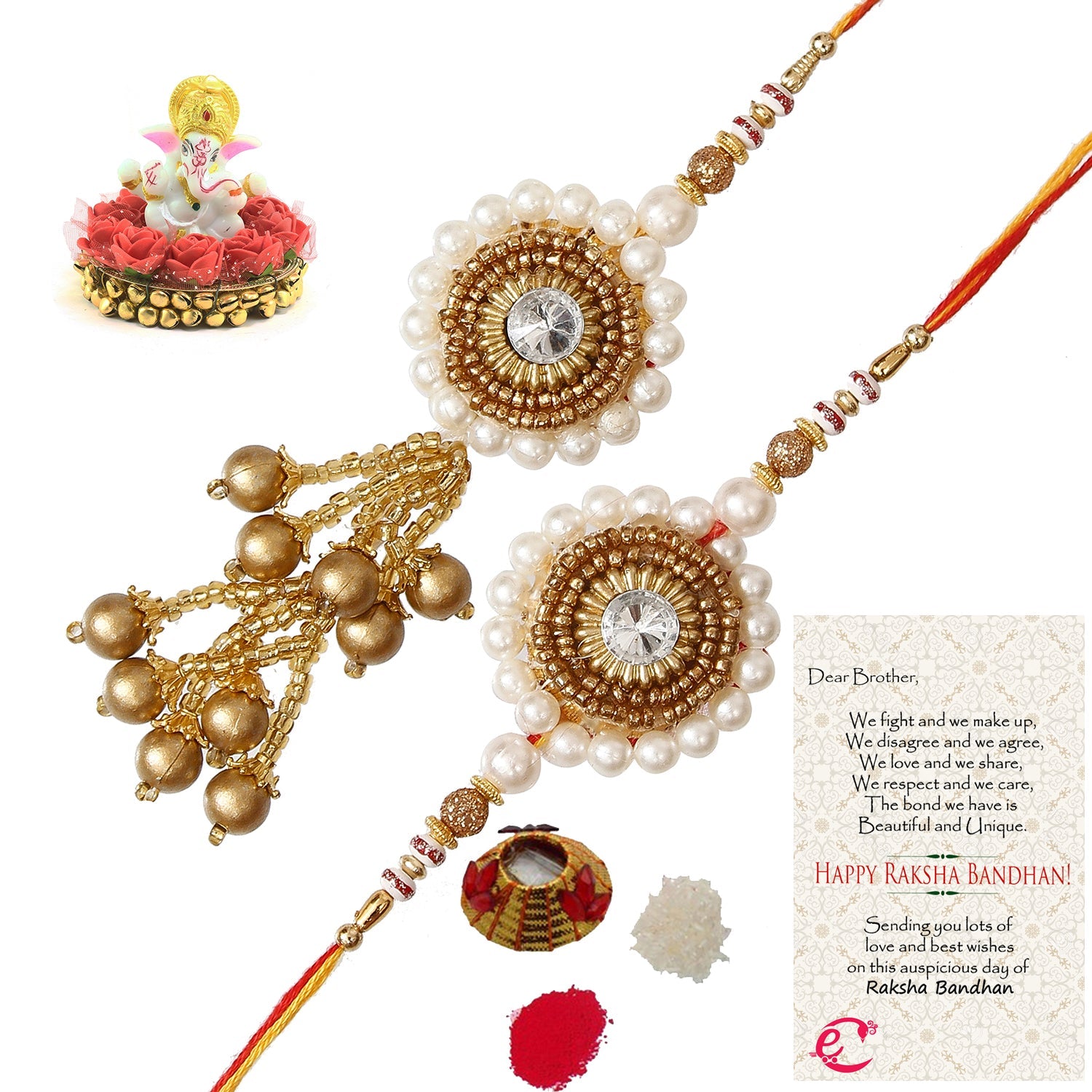 Designer Bhaiya Bhabhi Rakhi with Lord Ganesha Idol on Decorative Plate for Car & Home and Roli Tikka Matki, Best Wishes Greeting Card Kafalo
