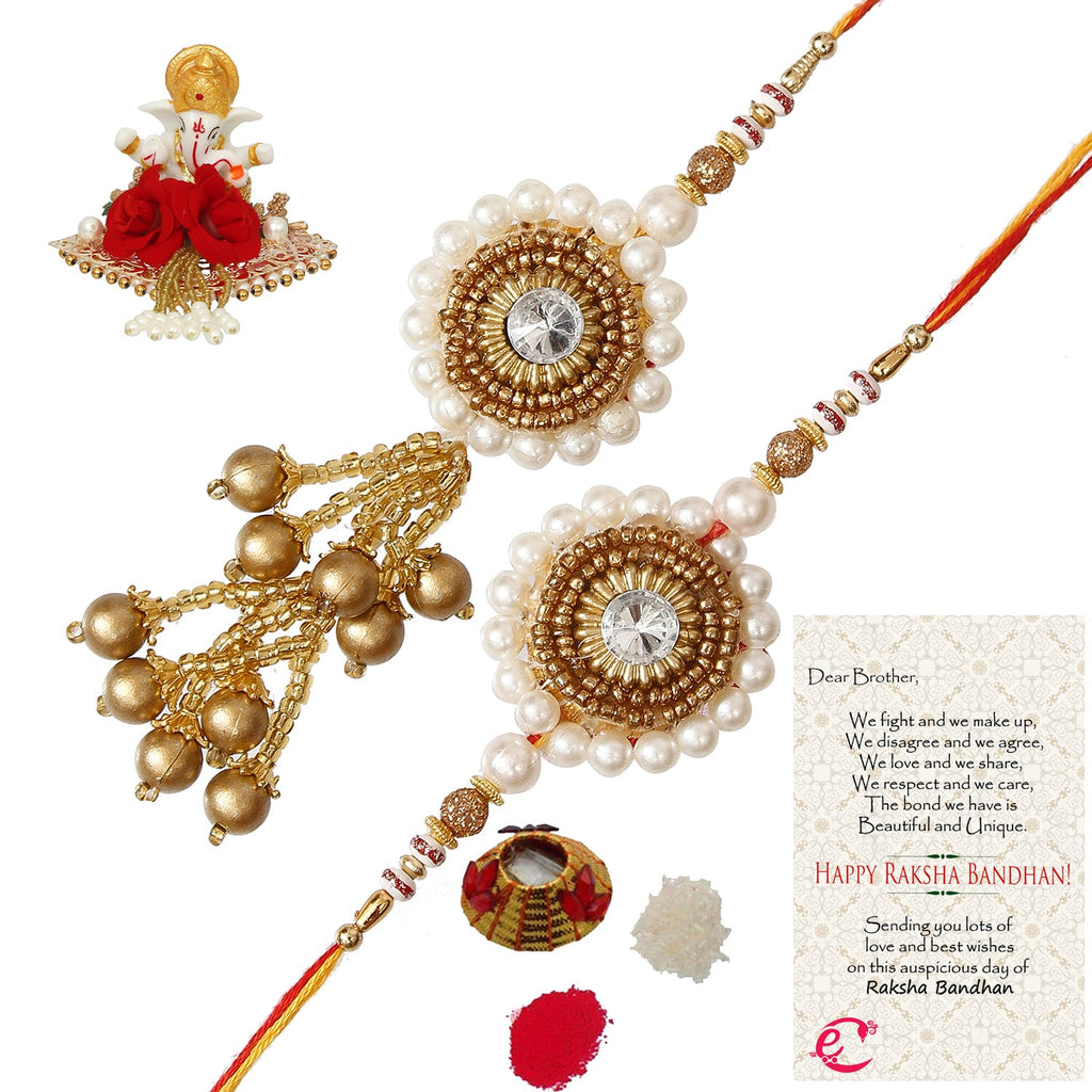 Designer Bhaiya Bhabhi Rakhi with Lord Ganesha Idol on Decorative Plate for Car & Home and Roli Tikka Matki, Best Wishes Greeting Card Kafalo