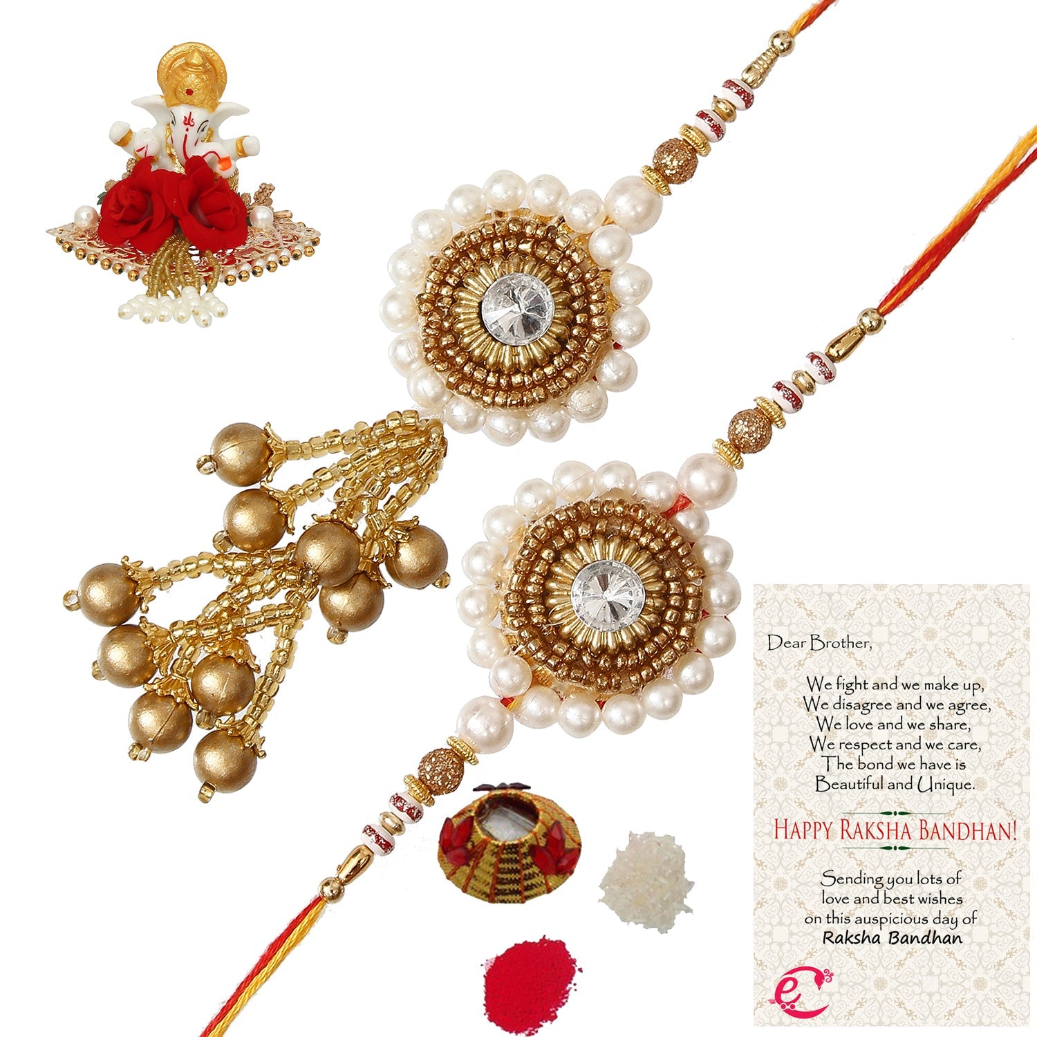 Designer Bhaiya Bhabhi Rakhi with Lord Ganesha Idol on Decorative Plate for Car & Home and Roli Tikka Matki, Best Wishes Greeting Card Kafalo