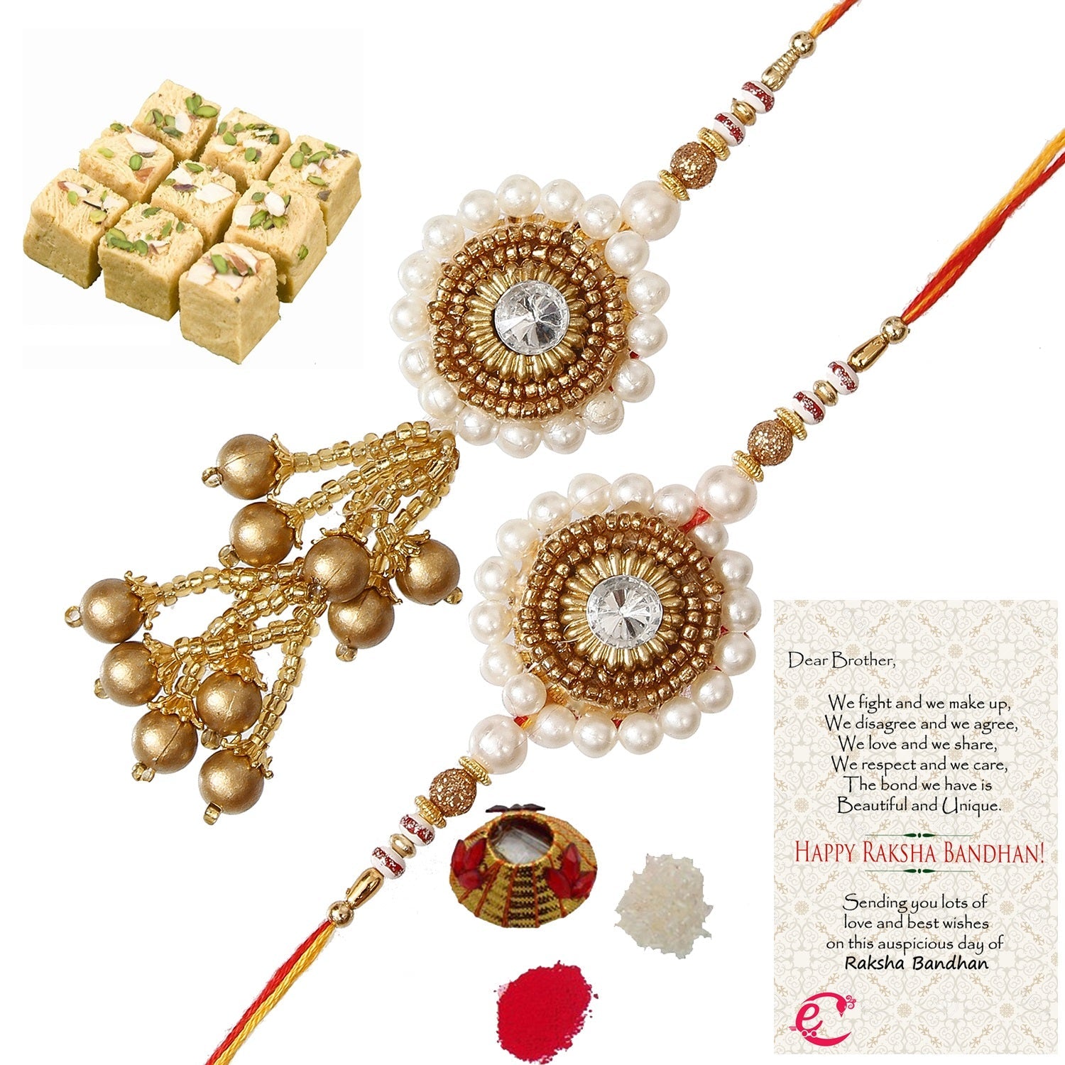 Designer Bhaiya Bhabhi Rakhi with Soan Papdi (500 Gm) and Roli Tikka Matki, Best Wishes Greeting Card Kafalo