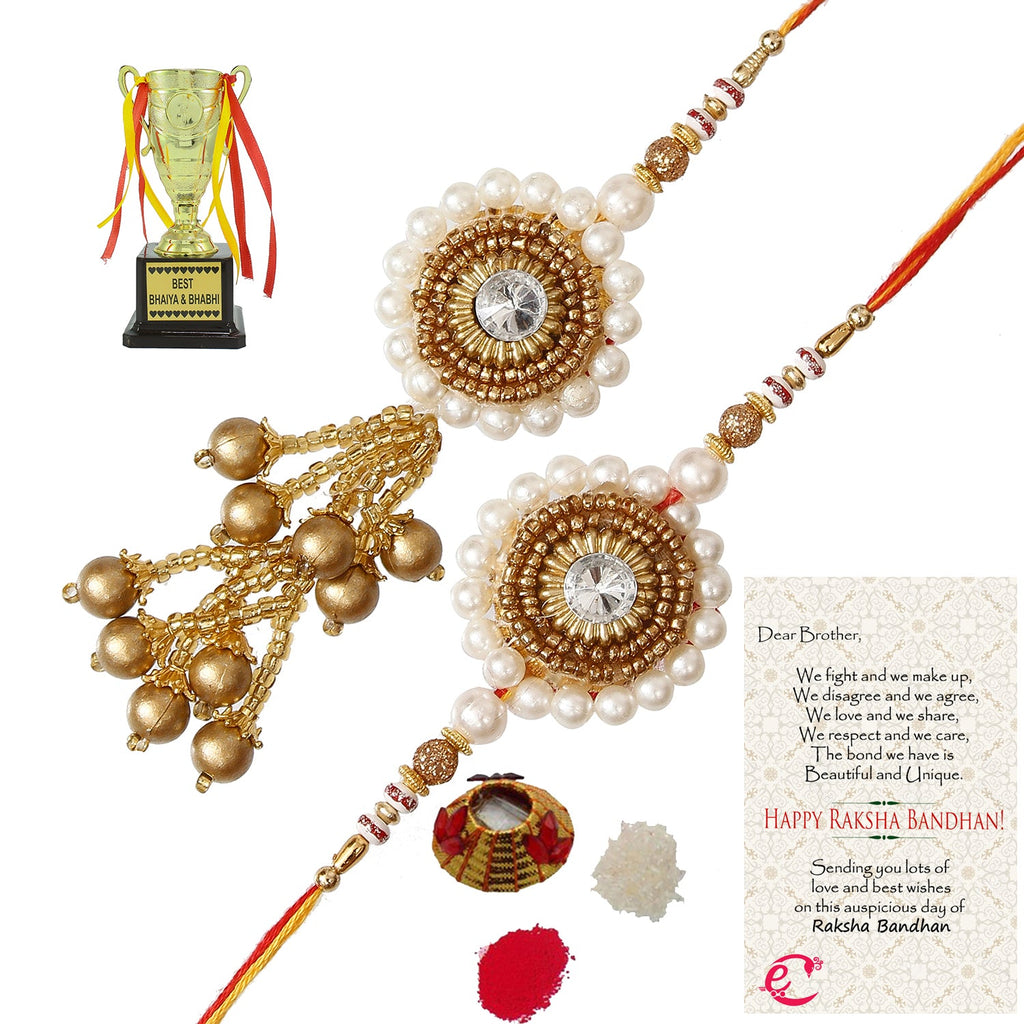 Designer Bhaiya Bhabhi Rakhi with Best Bhaiya Bhabhi Trophy and Roli Tikka Matki, Best Wishes Greeting Card Kafalo