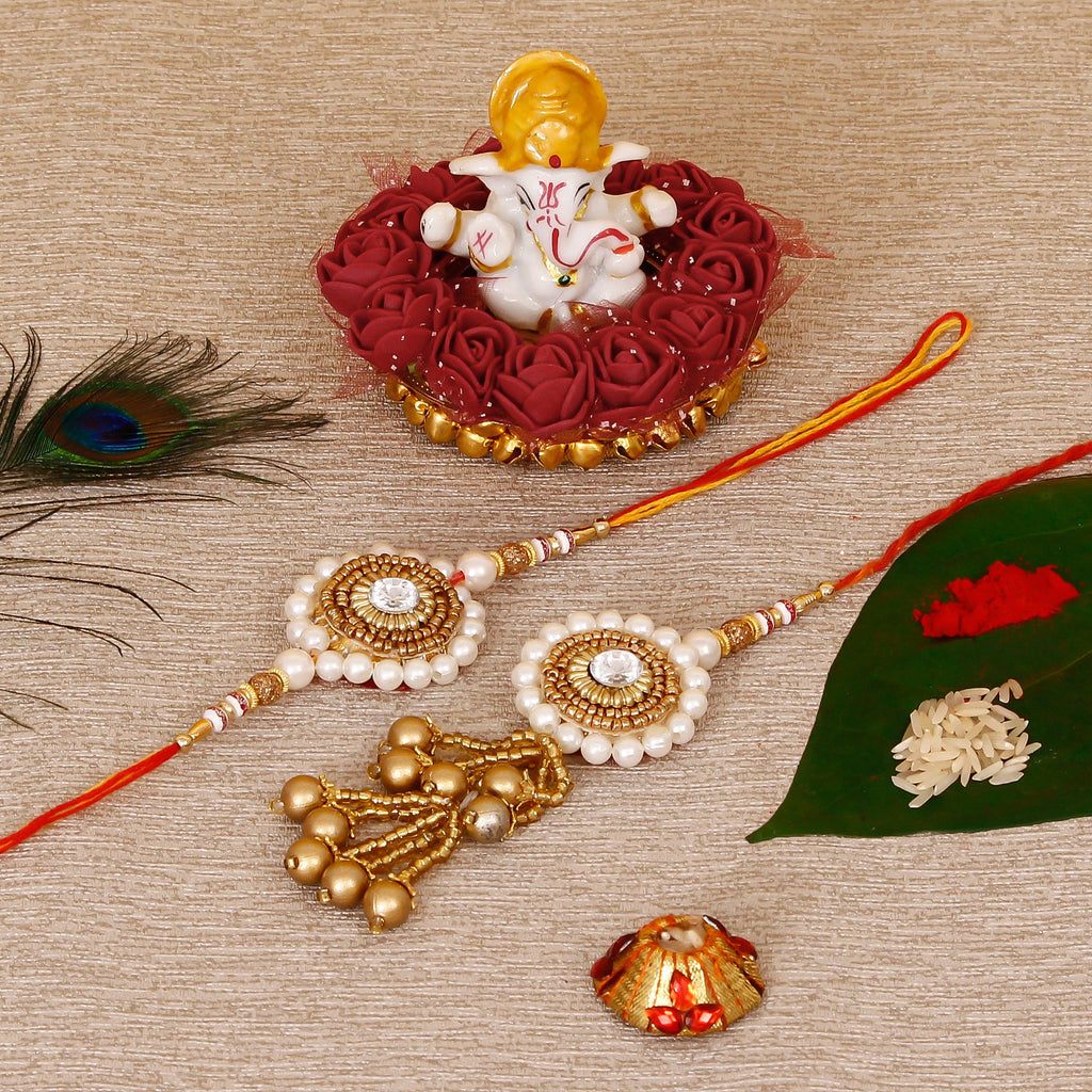 Designer Bhaiya Bhabhi Rakhi with Lord Ganesha Idol on Decorative Plate for Car & Home and Roli Tikka Matki Kafalo
