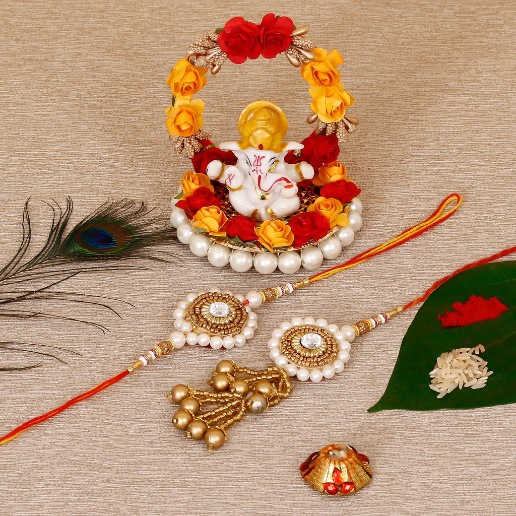 Designer Bhaiya Bhabhi Rakhi with Lord Ganesha Idol on Decorative Plate for Car & Home and Roli Tikka Matki Kafalo