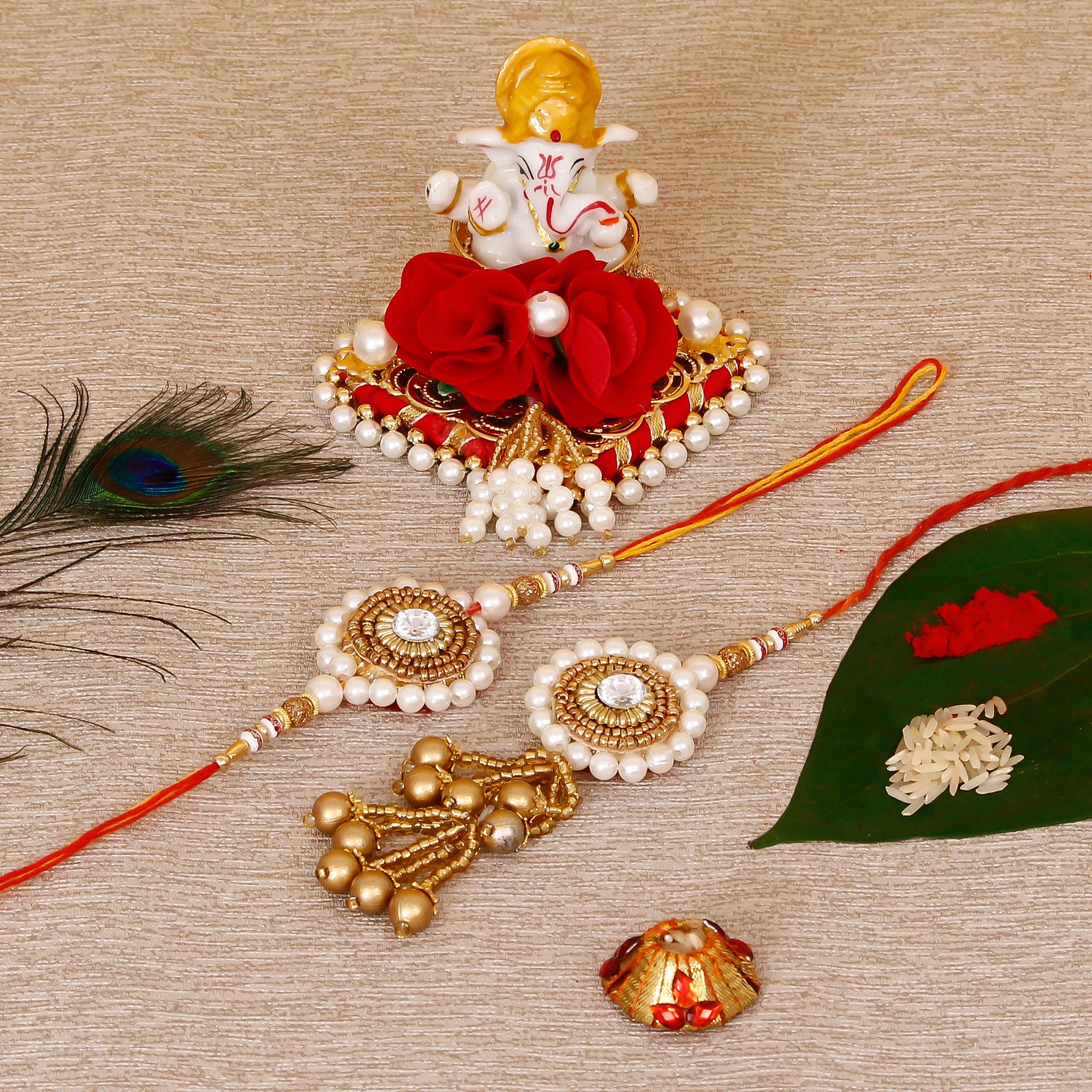 Designer Bhaiya Bhabhi Rakhi with Lord Ganesha Idol on Decorative Plate for Car & Home and Roli Tikka Matki Kafalo