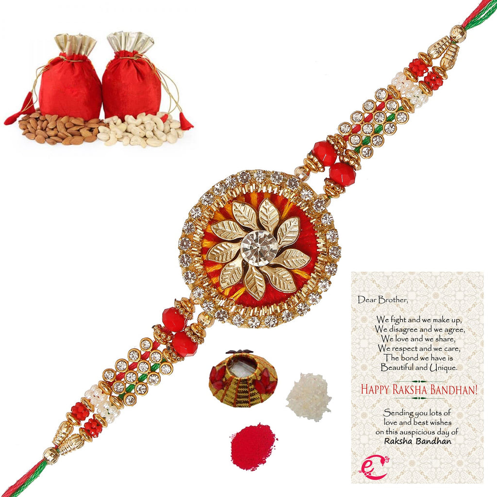 Designer Rakhi with Badam and Cashew (200 gm each, total 400 gm) and Roli Tikka Matki, Best Wishes Greeting Card Kafalo