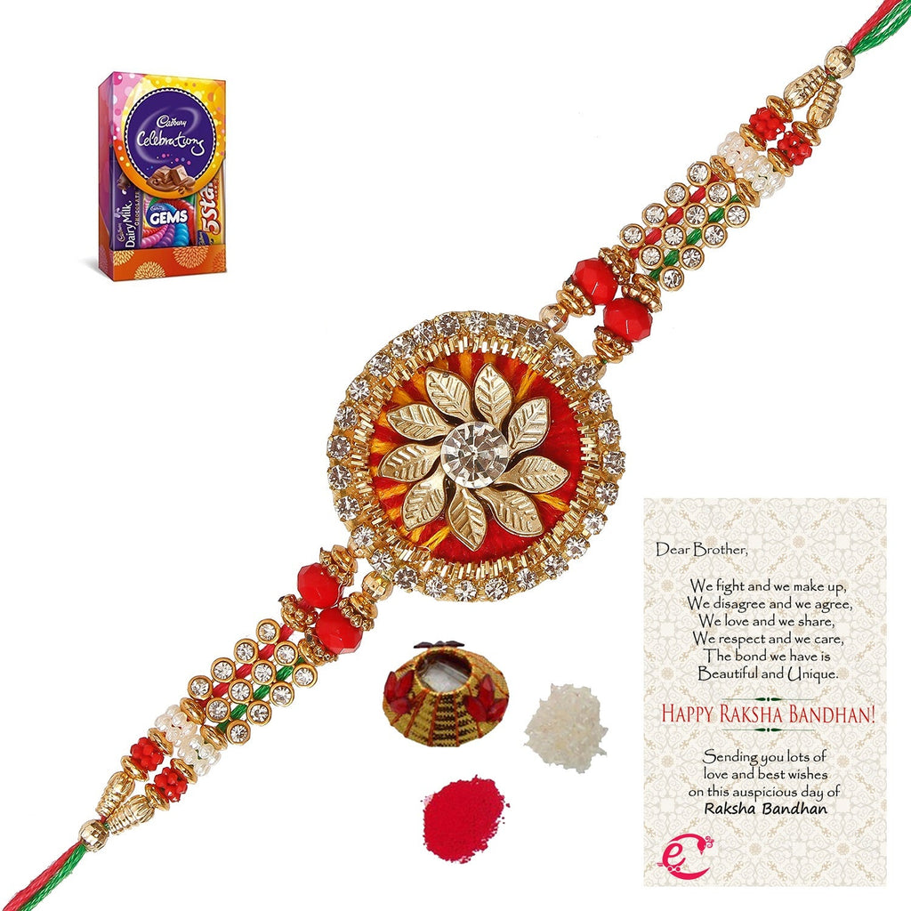 Designer Rakhi with Cadbury Celebrations Gift Pack of 5 Assorted Chocolates and Roli Tikka Matki, Best Wishes Greeting Card Kafalo