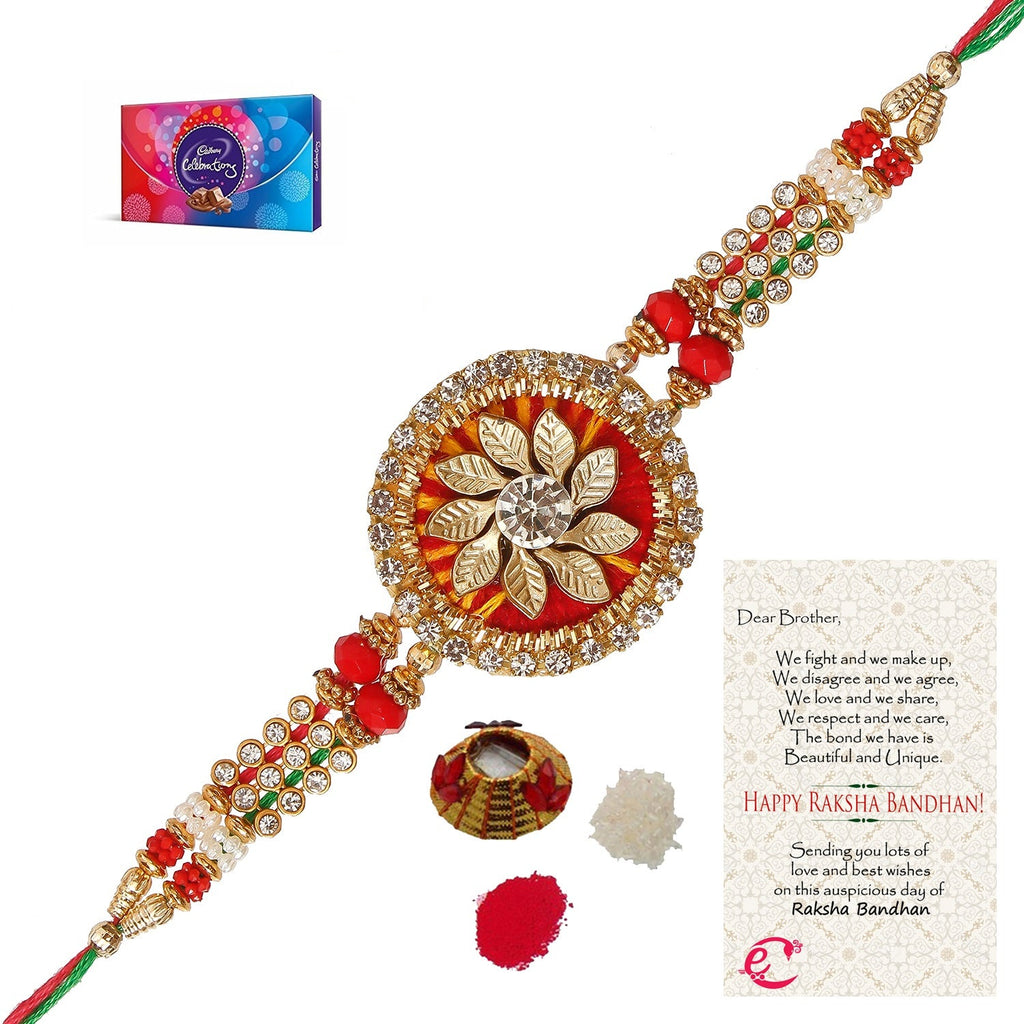 Designer Rakhi with Cadbury Celebrations Gift Pack of 7 Assorted Chocolates and Roli Tikka Matki, Best Wishes Greeting Card Kafalo