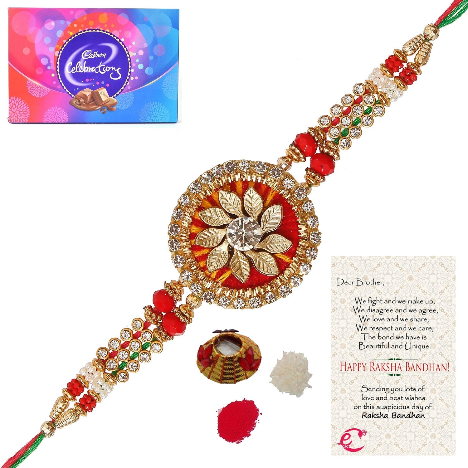 Designer Rakhi with Cadbury Celebrations Gift Pack of 11 Assorted Chocolates and Roli Tikka Matki, Best Wishes Greeting Card Kafalo