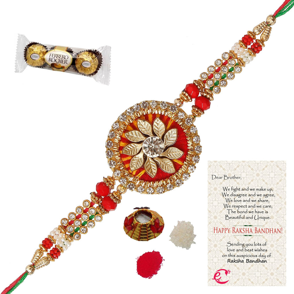 Designer Rakhi with Ferrero Rocher (3 pcs) and Roli Tikka Matki, Best Wishes Greeting Card Kafalo