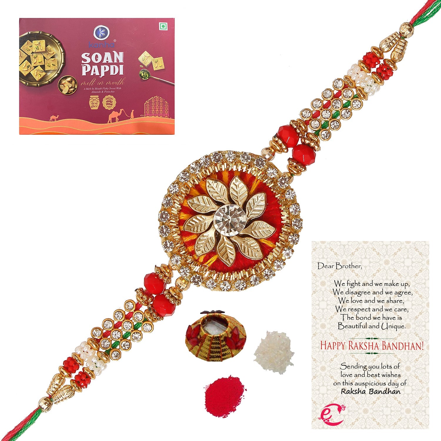 Designer Rakhi with Soan Papdi (500 Gm) and Roli Tikka Matki, Best Wishes Greeting Card Kafalo
