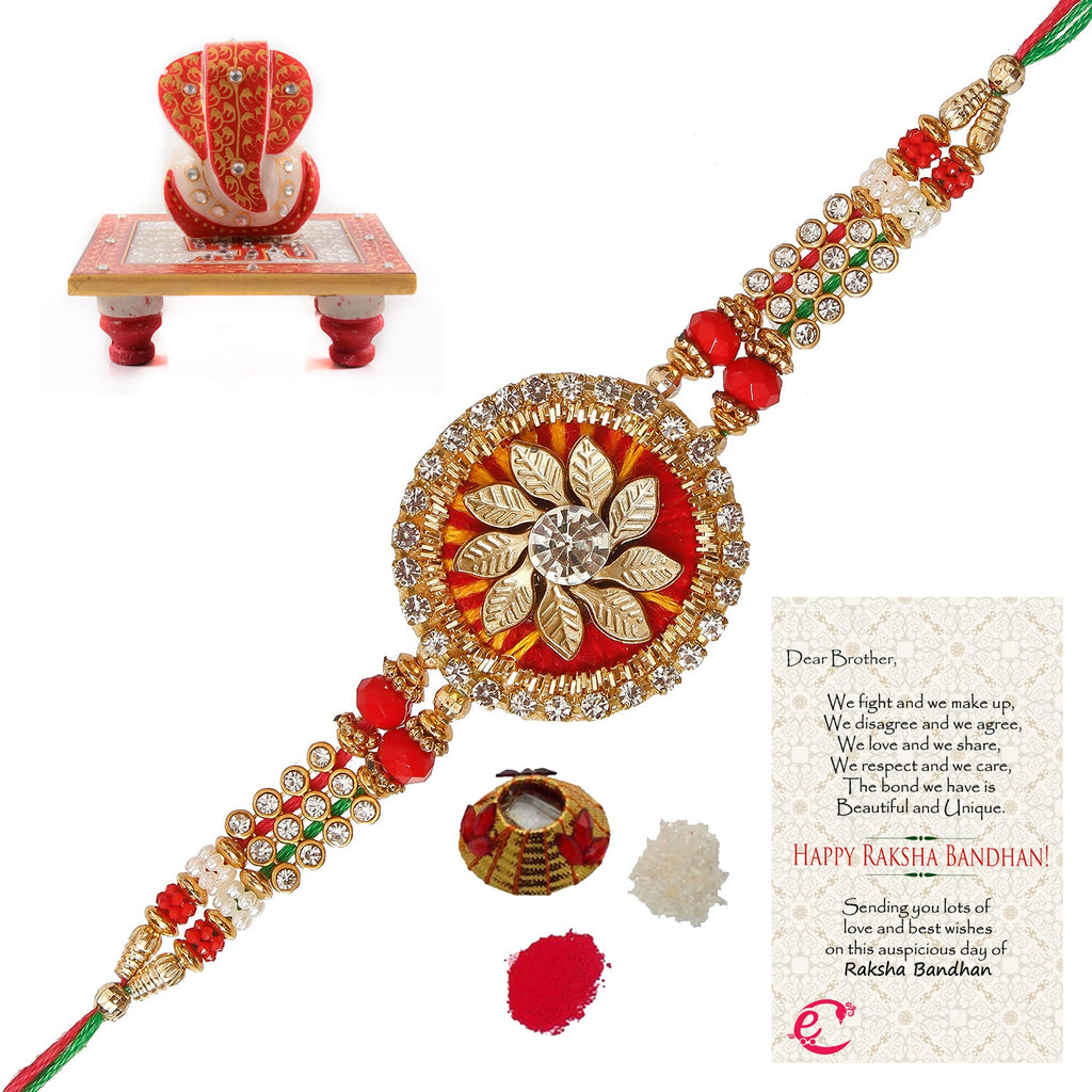 Designer Rakhi with Ridhi Sidhi Marble chowki and Roli Tikka Matki, Best Wishes Greeting Card Kafalo