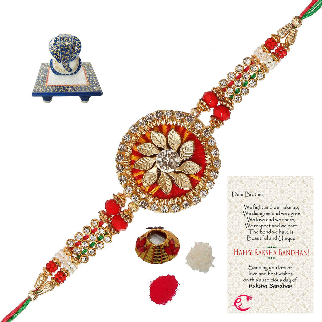 Designer Rakhi with Lord Ganesha Marble Chowki and Roli Tikka Matki, Best Wishes Greeting Card Kafalo