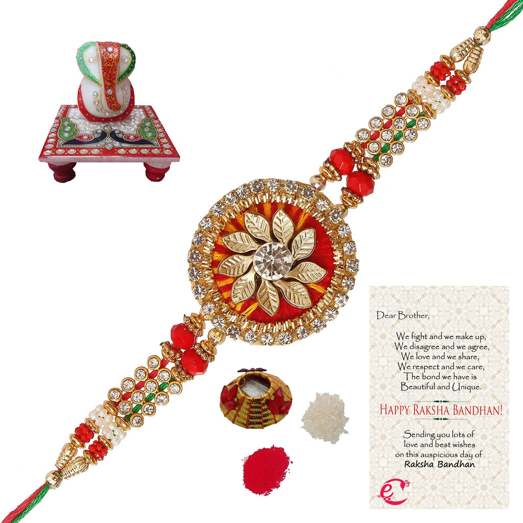 Designer Rakhi with Lord Ganesha Marble Chowki and Roli Tikka Matki, Best Wishes Greeting Card Kafalo