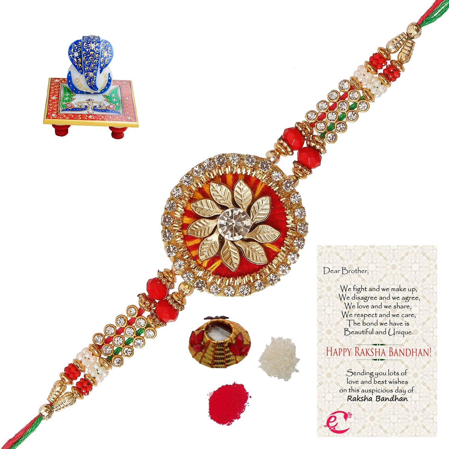 Designer Rakhi with Lord Ganesha on Marble Chowki and Roli Tikka Matki, Best Wishes Greeting Card Kafalo
