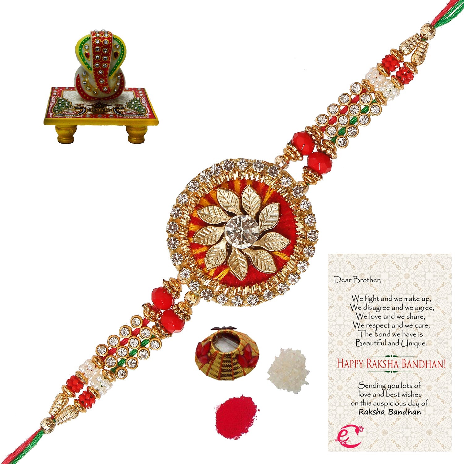 Designer Rakhi with Lord Ganesha on Marble Chowki and Roli Tikka Matki, Best Wishes Greeting Card Kafalo