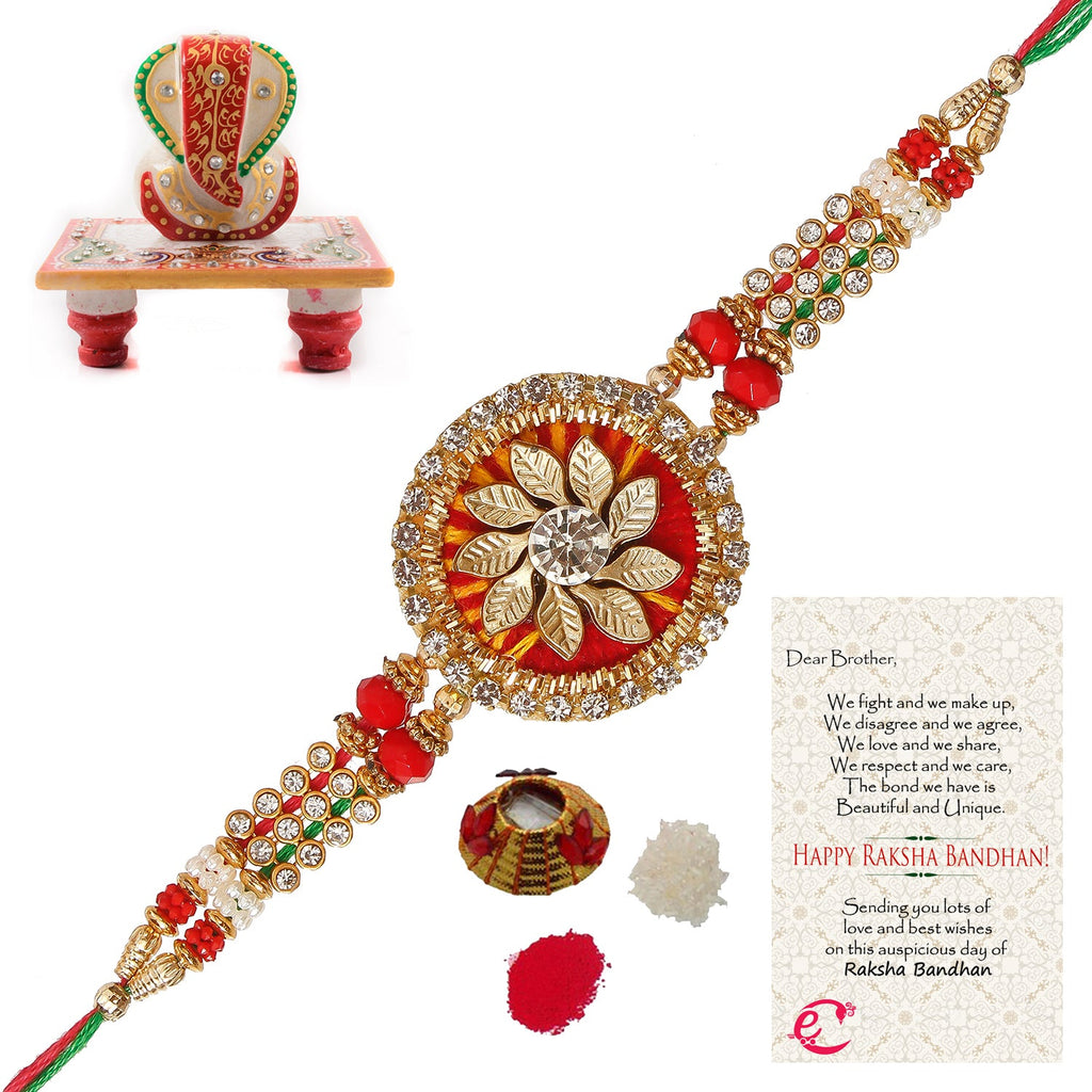 Designer Rakhi with Lord Ganesha Marble Chowki and Roli Tikka Matki, Best Wishes Greeting Card Kafalo