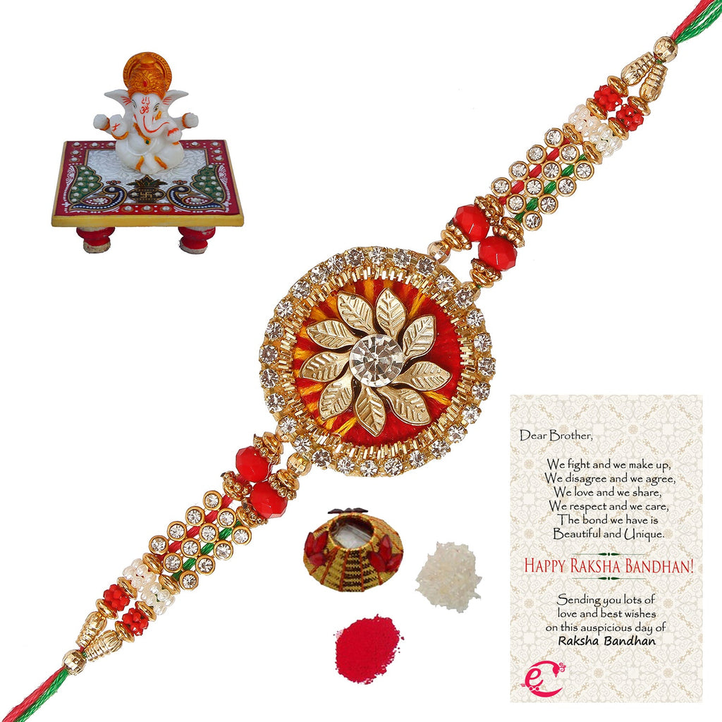 Designer Rakhi with Lord Ganesha Marble Chowki and Roli Tikka Matki, Best Wishes Greeting Card Kafalo