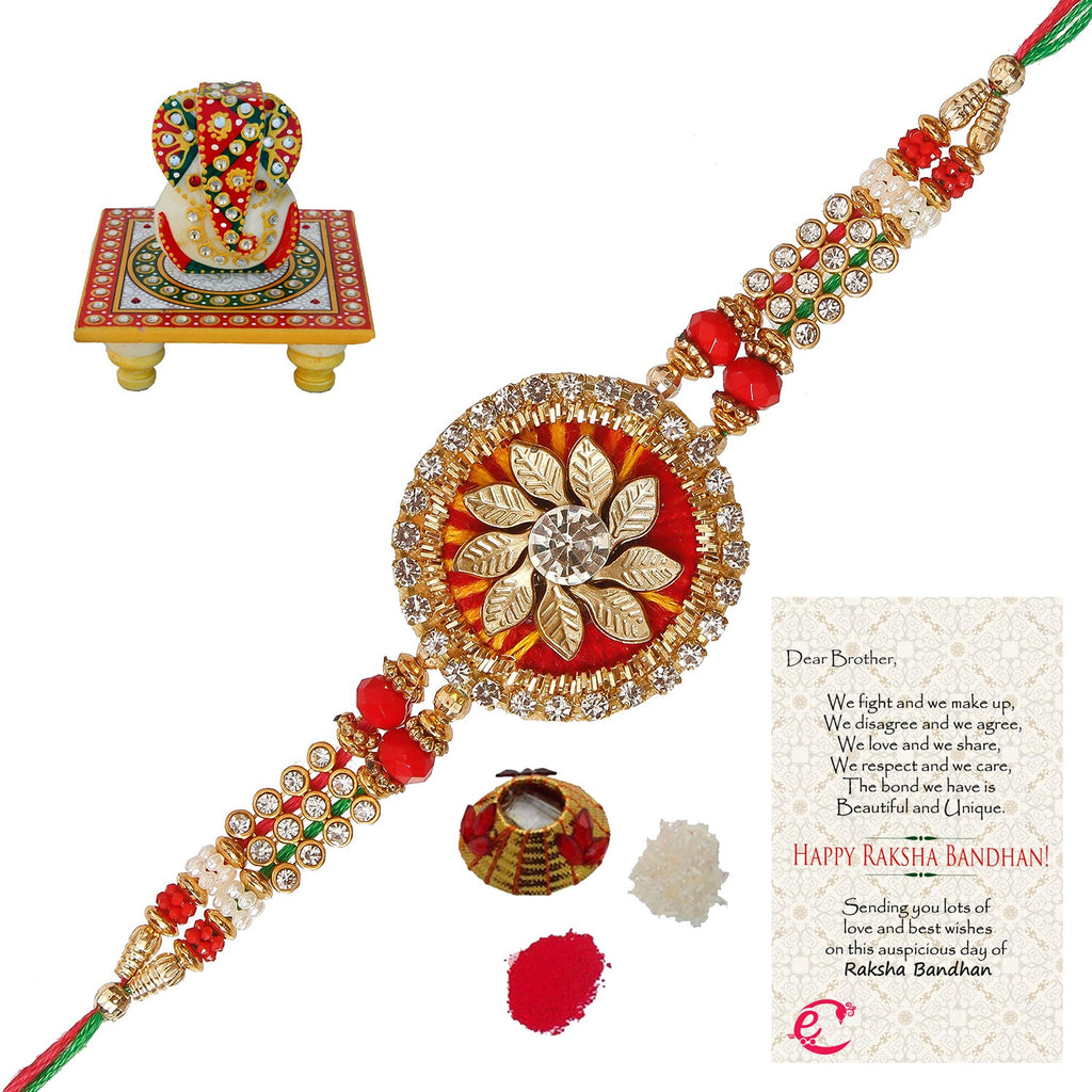 Designer Rakhi with Lord Ganesha on Kundan Studded Marble Chowki and Roli Tikka Matki, Best Wishes Greeting Card Kafalo
