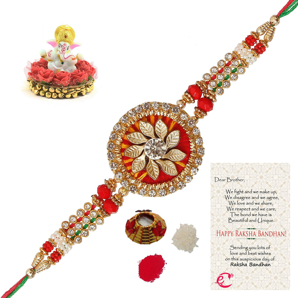 Designer Rakhi with Lord Ganesha Idol on Decorative Plate for Car & Home and Roli Tikka Matki, Best Wishes Greeting Card Kafalo