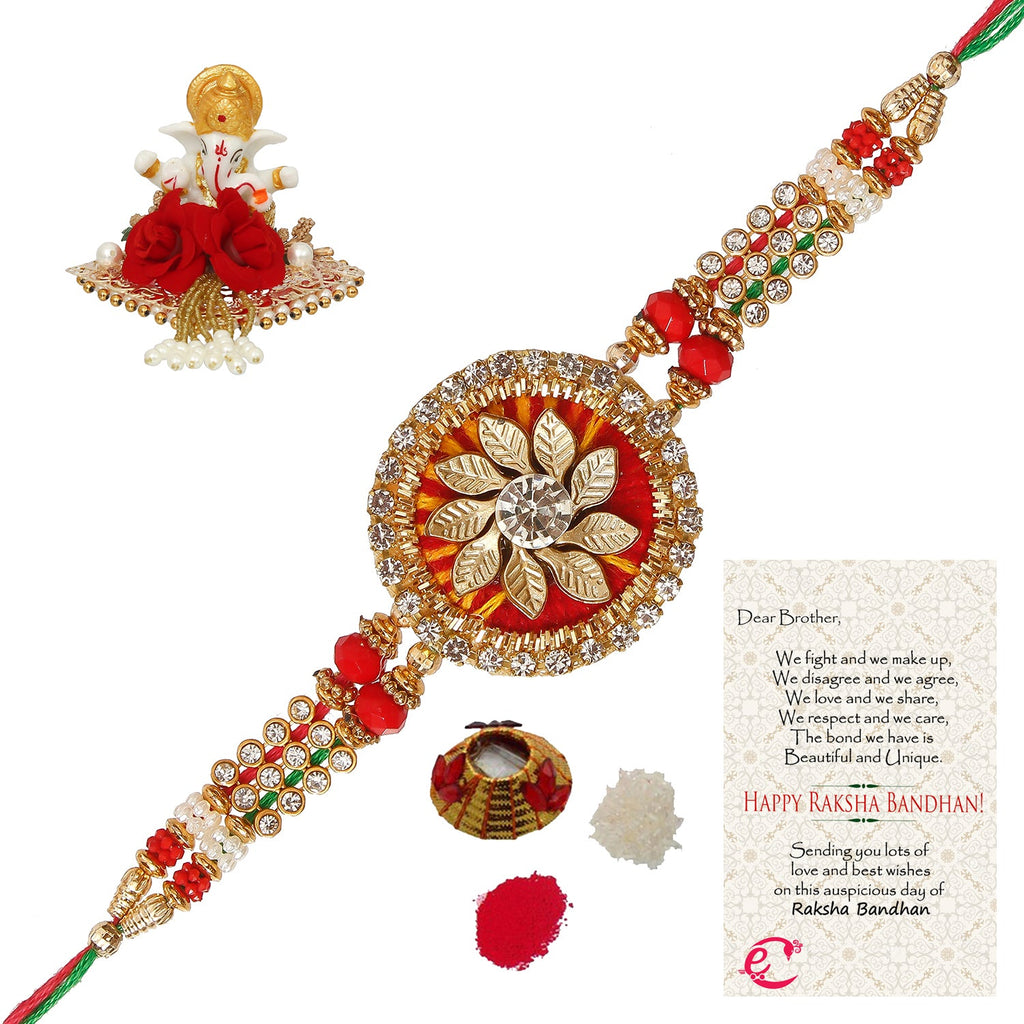 Designer Rakhi with Lord Ganesha Idol on Decorative Plate for Car & Home and Roli Tikka Matki, Best Wishes Greeting Card Kafalo