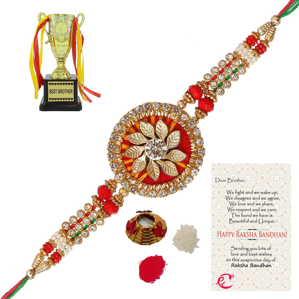 Designer Rakhi with Best Brother Trophy and Roli Tikka Matki, Best Wishes Greeting Card Kafalo