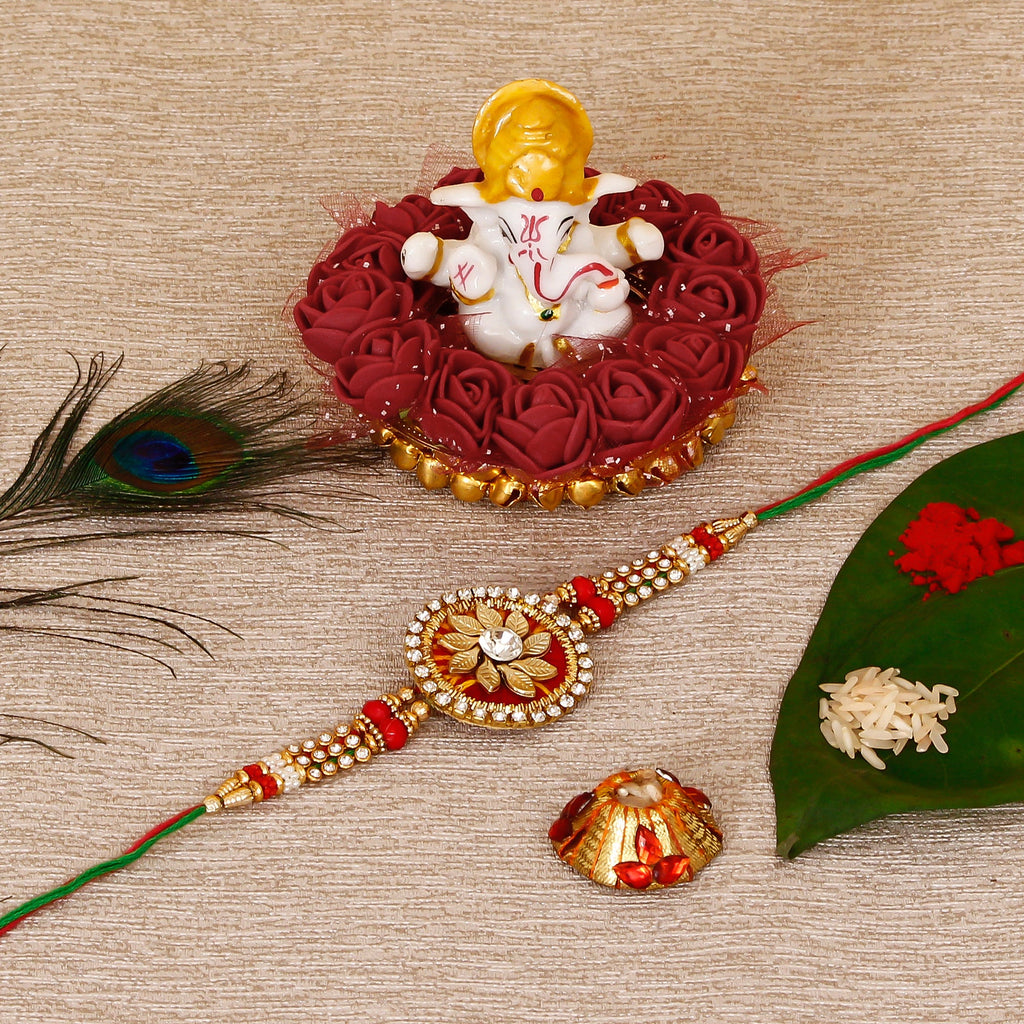 Designer Rakhi with Lord Ganesha Idol on Decorative Plate for Car & Home and Roli Tikka Matki Kafalo