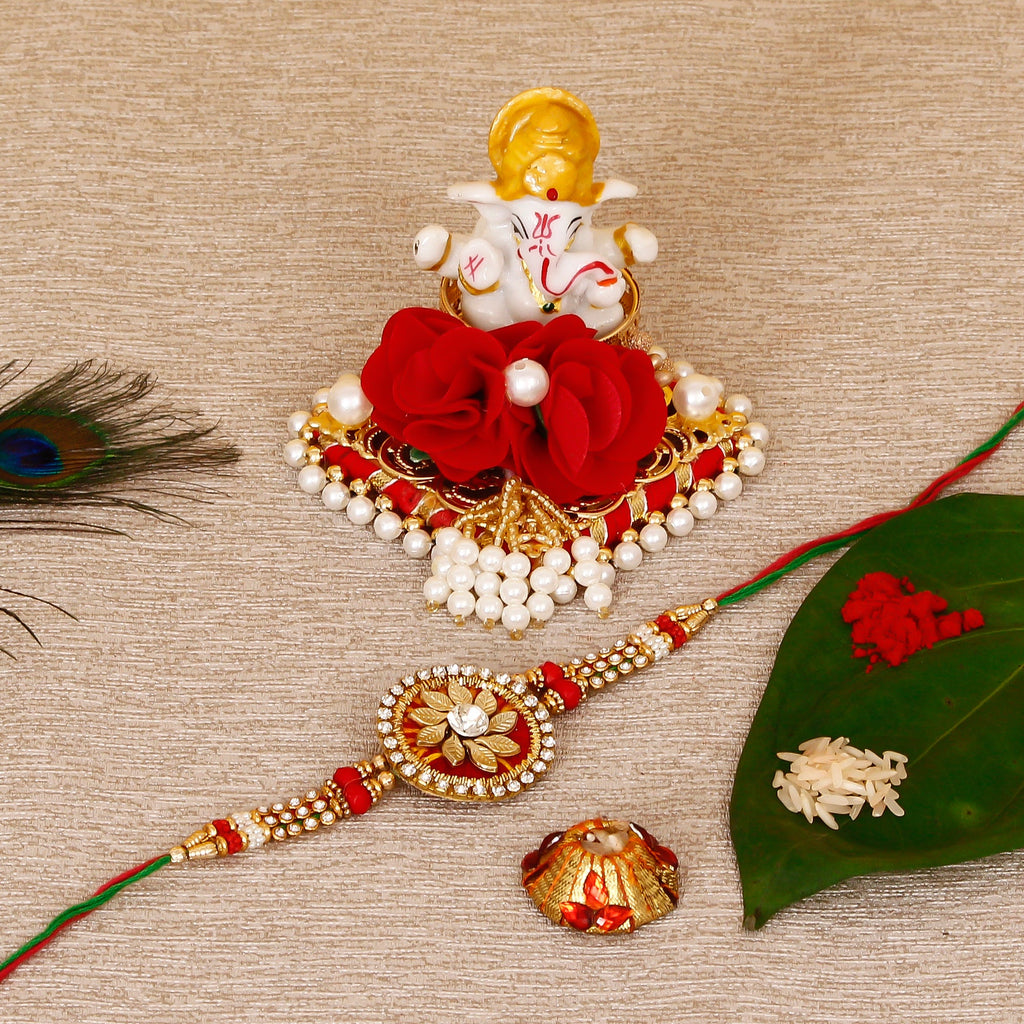 Designer Rakhi with Lord Ganesha Idol on Decorative Plate for Car & Home and Roli Tikka Matki Kafalo