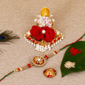 Designer Rakhi with Lord Ganesha Idol on Decorative Plate for Car & Home and Roli Tikka Matki Kafalo