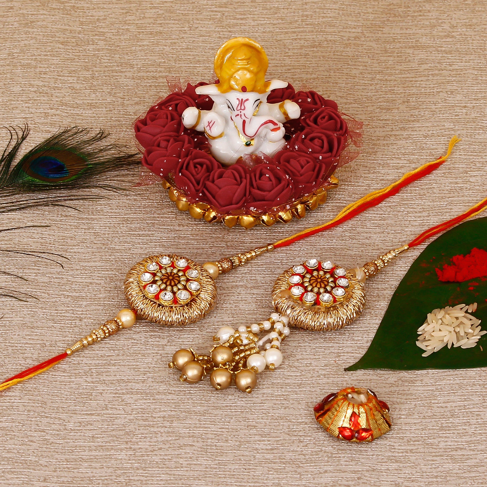 Designer Bhaiya Bhabhi Rakhi with Lord Ganesha Idol on Decorative Plate for Car & Home and Roli Tikka Matki Kafalo