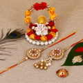 Designer Bhaiya Bhabhi Rakhi with Lord Ganesha Idol on Decorative Plate for Car & Home and Roli Tikka Matki Kafalo