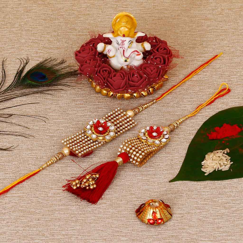 Designer Bhaiya Bhabhi Rakhi with Lord Ganesha Idol on Decorative Plate for Car & Home and Roli Tikka Matki Kafalo