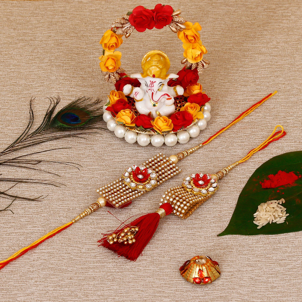Designer Bhaiya Bhabhi Rakhi with Lord Ganesha Idol on Decorative Plate for Car & Home and Roli Tikka Matki Kafalo