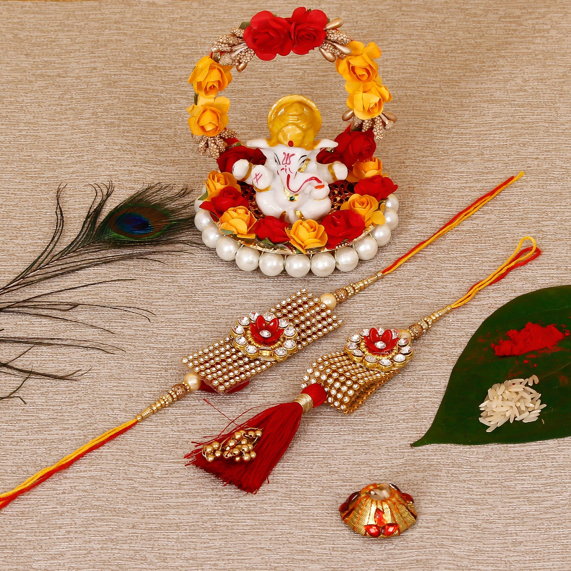 Designer Bhaiya Bhabhi Rakhi with Lord Ganesha Idol on Decorative Plate for Car & Home and Roli Tikka Matki Kafalo