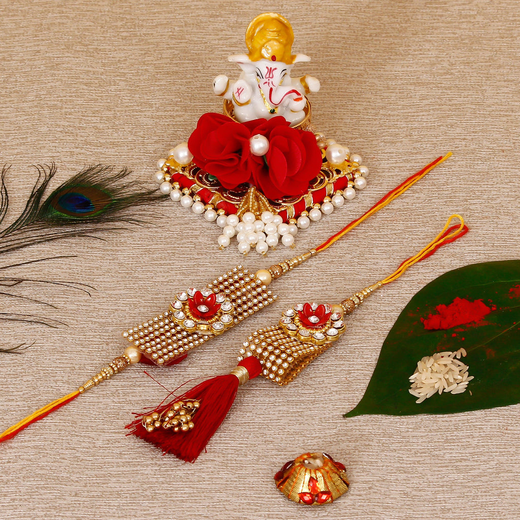 Designer Bhaiya Bhabhi Rakhi with Lord Ganesha Idol on Decorative Plate for Car & Home and Roli Tikka Matki Kafalo