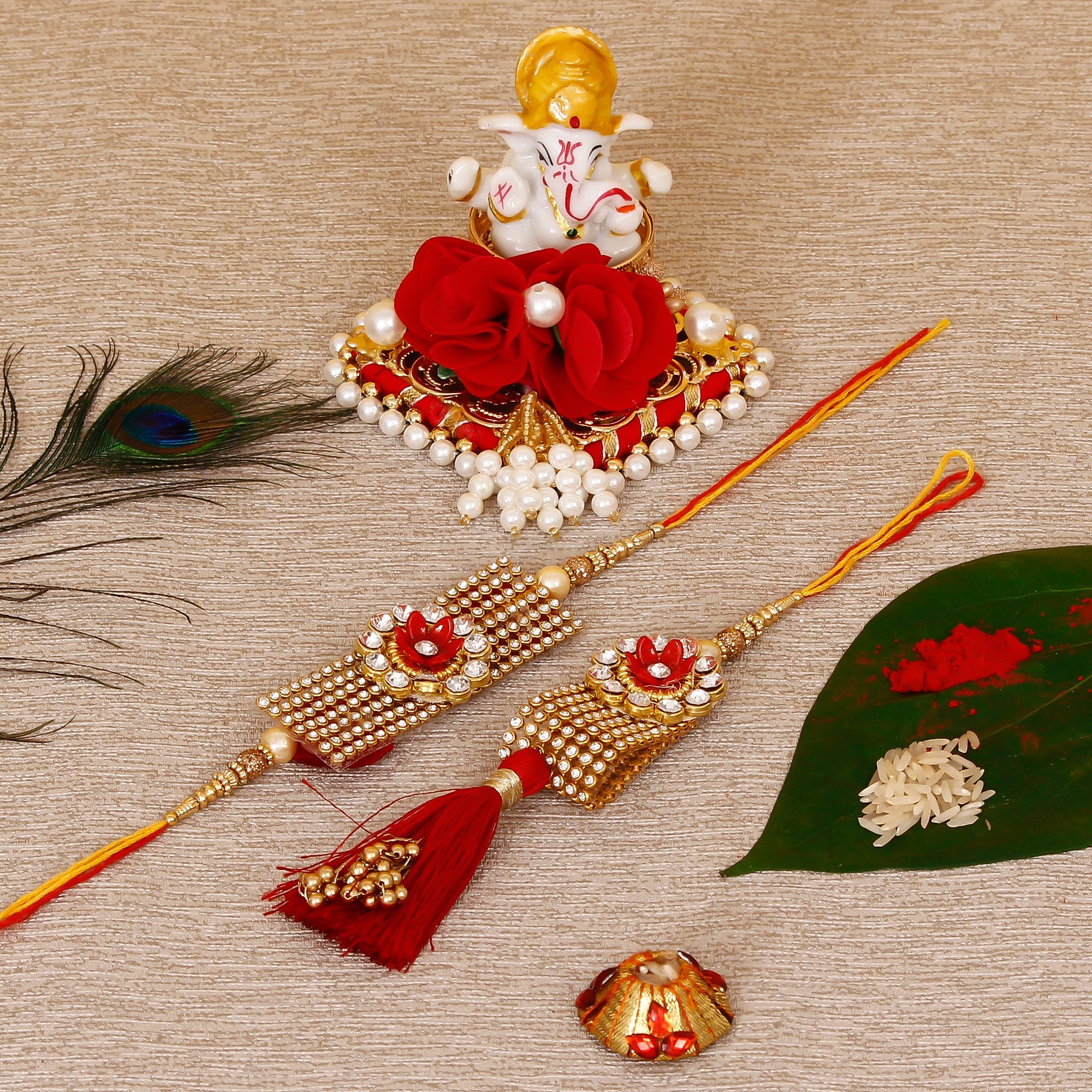 Designer Bhaiya Bhabhi Rakhi with Lord Ganesha Idol on Decorative Plate for Car & Home and Roli Tikka Matki Kafalo