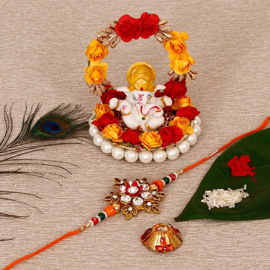 Designer Rakhi with Lord Ganesha Idol on Decorative Plate for Car & Home and Roli Tikka Matki Kafalo
