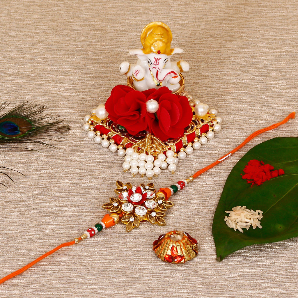 Designer Rakhi with Lord Ganesha Idol on Decorative Plate for Car & Home and Roli Tikka Matki Kafalo