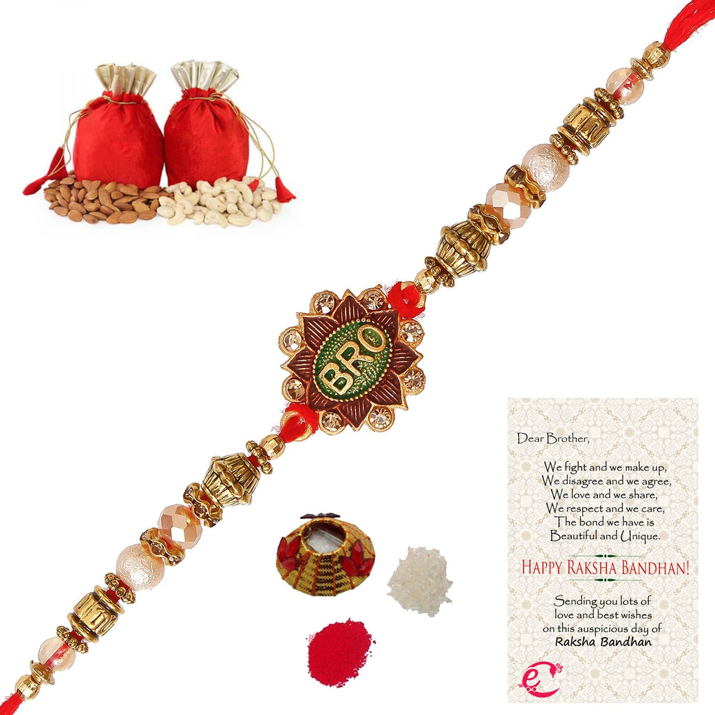 Designer Rakhi with Badam and Cashew (200 gm each, total 400 gm) and Roli Tikka Matki, Best Wishes Greeting Card Kafalo