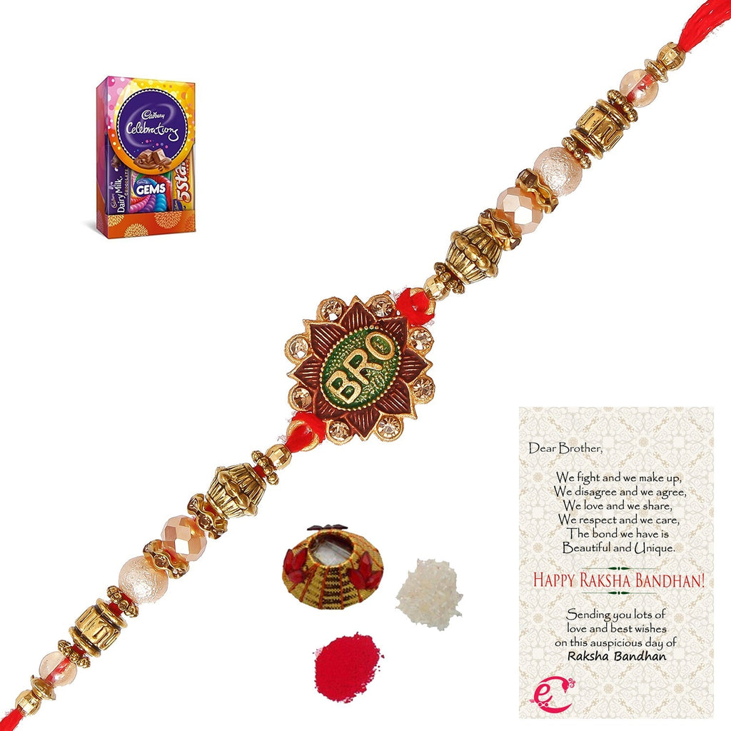 Designer Rakhi with Cadbury Celebrations Gift Pack of 5 Assorted Chocolates and Roli Tikka Matki, Best Wishes Greeting Card Kafalo
