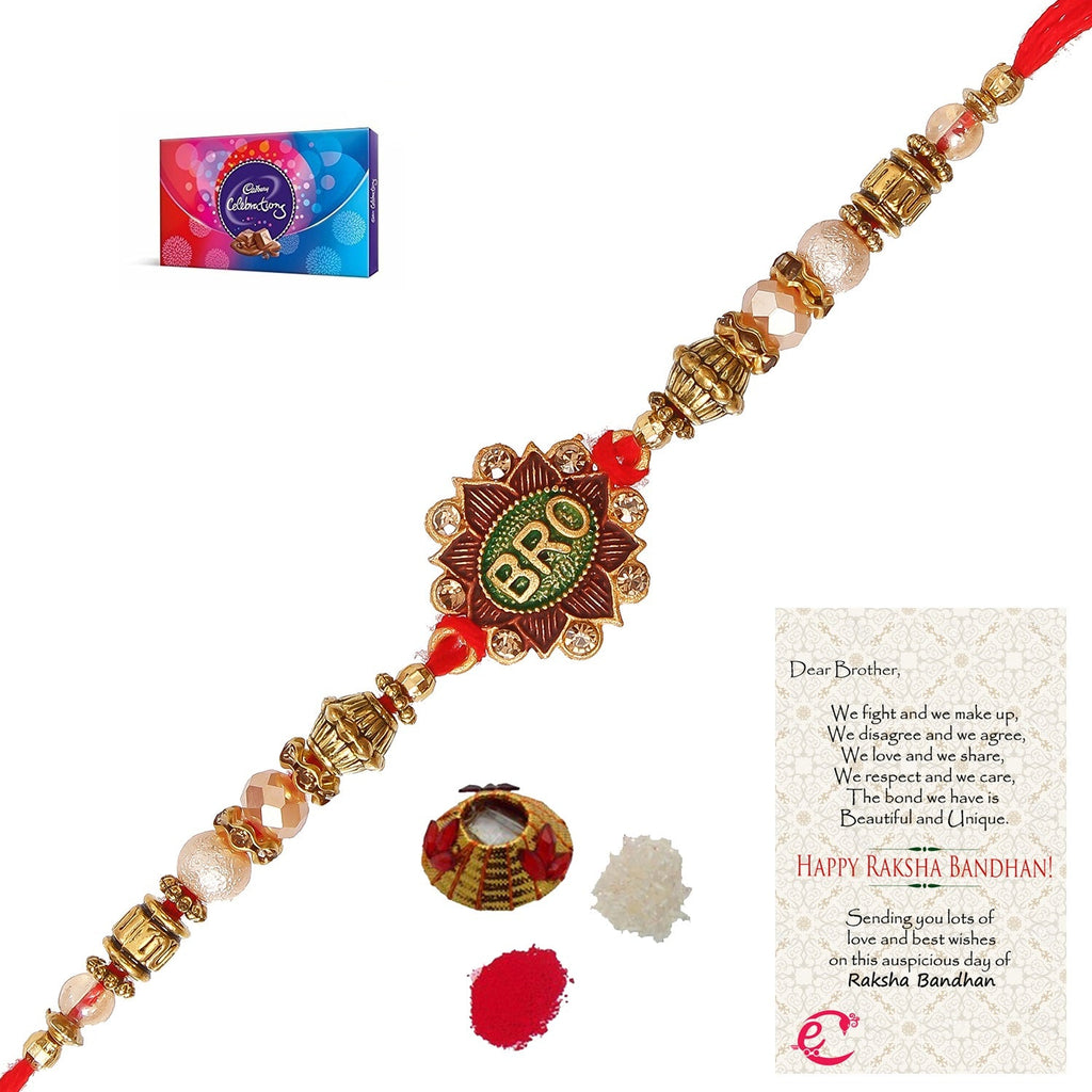 Designer Rakhi with Cadbury Celebrations Gift Pack of 7 Assorted Chocolates and Roli Tikka Matki, Best Wishes Greeting Card Kafalo
