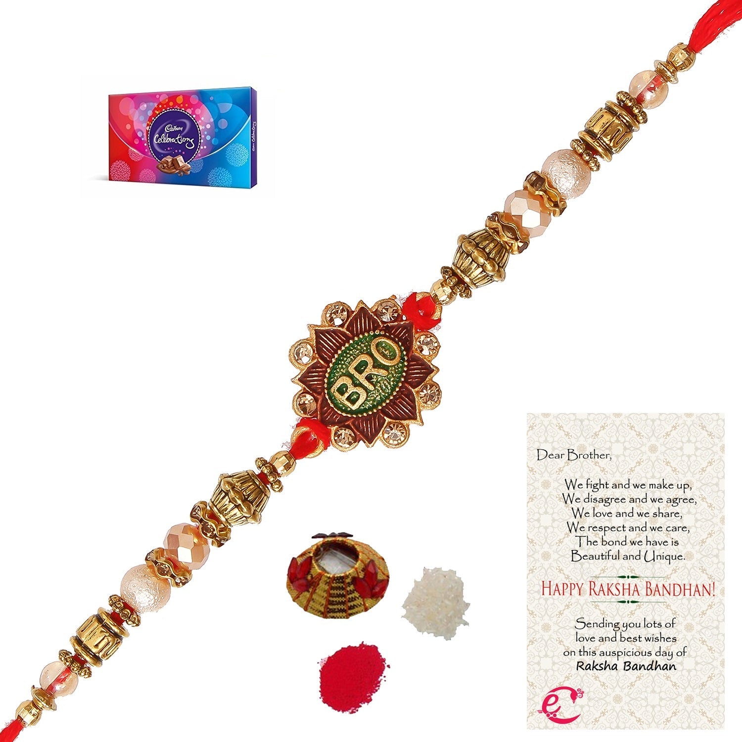 Designer Rakhi with Cadbury Celebrations Gift Pack of 7 Assorted Chocolates and Roli Tikka Matki, Best Wishes Greeting Card Kafalo