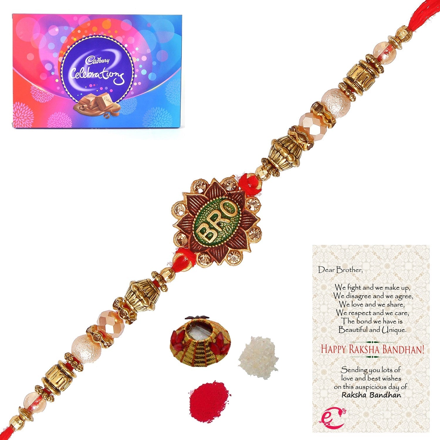 Designer Rakhi with Cadbury Celebrations Gift Pack of 11 Assorted Chocolates and Roli Tikka Matki, Best Wishes Greeting Card Kafalo